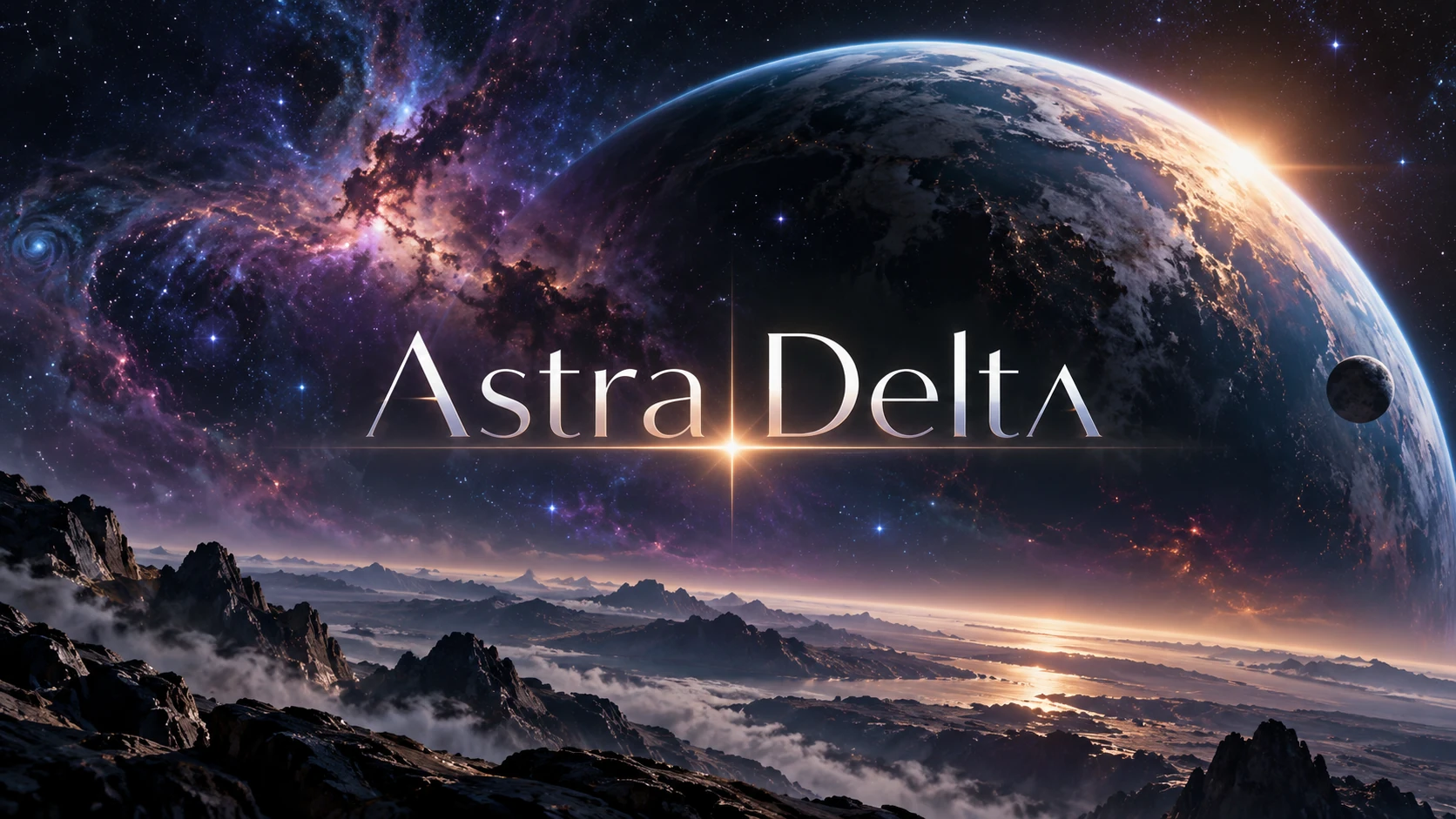 Astra Delta, depicted over an original illustration of a cosmic horizon and a planet